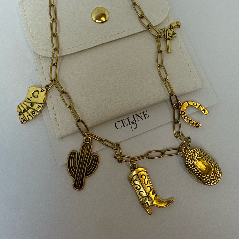 Celine13 Western Luxe Charm Necklace | 18K Gold Plated‎ Good Luck & Cowboy Icons